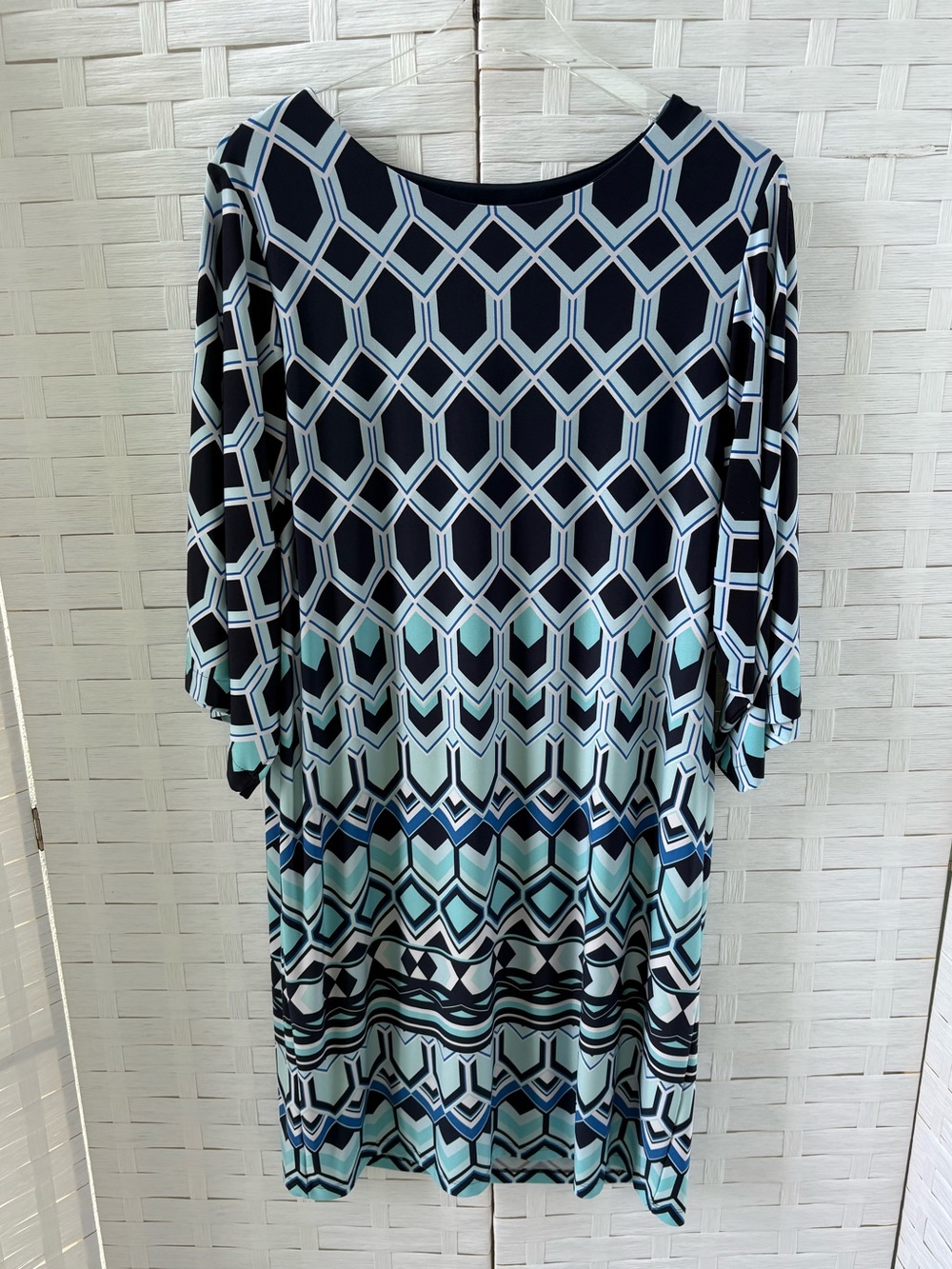 Chico's Size 16/18 Geometric Dress in Navy & Blues Elbow Sleeves Career Church